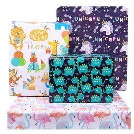 Wrapping Paper Cute Comics Colourful Wrapping Paper - Unicorn, Dinosaur, Flamingo, Animal Zoo (70 x 50 cm)