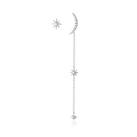 925 Sterling Silver CZ Stud Earrings for Women Cubic Zirconia Asymmetrical Star Moon Tassel Chain Dangle Drop Studs Tragus Post Pin Long Earrings Hypoallergenic Crescent Jewelry (Silver)