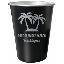 R and R Imports Port Of Friday Harbor Washington Souvenir Engraved 8 oz Black Matte Tin Cup Palm Design 4-Pack with Gift Bag