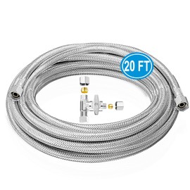 Fridge Water Line Kit - 20FT Premium Stainless Steel Braided Refrigerator Water Line with Tee Stop Valve,Foodgrade PEX Inner Tube Ice Maker Water Line with 1/4" Fittings for Refrigerator Ice Maker