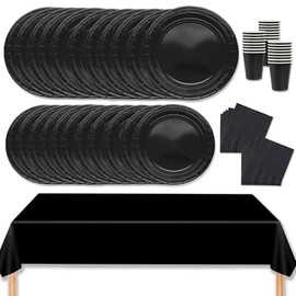 MORAINJAY 69Pcs Party Tableware Set,Black Dinnerware Set with Plates,Tablecloth,Napkins,Cups,Solid Color Table Decorations for Birthday,Wedding,Picnic,Baby Shower,Party Supplies for 16 Guests
