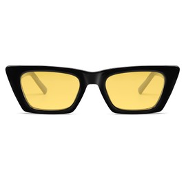 SOJOS Trendy Rectangle Polarized Sunglasses for Women Men Retro Narrow Cateye Sunnies SJ2354, Black/Yellow, Night Vision, Medium