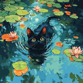 NEWENMO Black Cat Paint by Numbers Kit for Adults, Flowers Water Lilies Paint by Numbers on Canvas Unframed, DIY Oil Painting Perfect for Beginner, Craft, Hobbies and Home Wall Decor 16x16 in