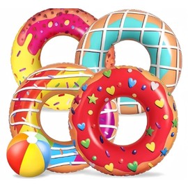 LATERN 5Pcs Donut Inflatable Pool Floats, 4Pcs 75CM Doughnut Swimming Rings with 35CM Beach Balls - Inflatable Tubes Floaties Toys for Kids Adults Beach Swimming Pool Party