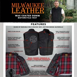 Milwaukee Leather MDM3030 Men’s Black Waxy Coated Denim Club Style Motorcycle Rider Vest w/Shirt Collar - X-Large