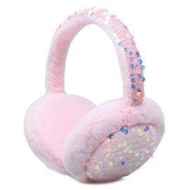 FakeFace Warm Sequin Earmuffs for Women Plush Earmuffs Winter Cute Fur Portable Windproof for Ski Christmas Outdoor, Light Pink