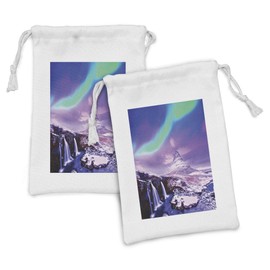 Lunarable Aurora Borealis Fabric Pouch Set of 2, Scenery of Famous Vivid Sky at Dusk over Kirkjufell Mountain in Iceland, Small Drawstring Bag for Toiletries Masks and Favors, 9" x 6", Multicolor
