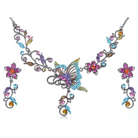 Colorful Crystal Rhinestone Butterfly Cluster Floral Flower Necklace Earring Set