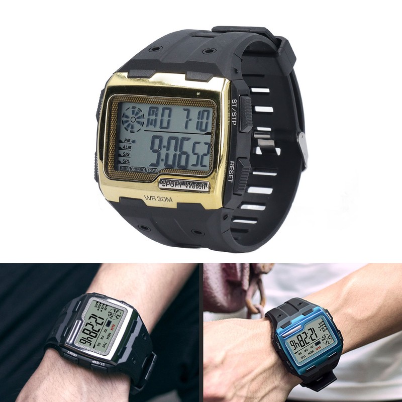 Digital Sport Watch Large Display LED Alarm Clock Shockproof 12/24