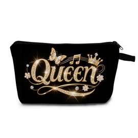 MoCaliduccious Glamorous Gold Queen Cosmetic Bag with Butterfly, Crown & Music Notes Makeup Bag Funny Gifts Elegant Travel Makeup Pouch for Women Travel Toiletry Organizer for Women