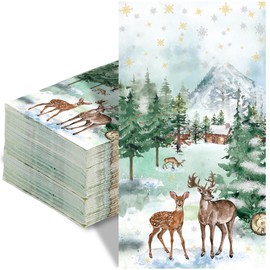 Quera 50 Pack Christmas Paper Napkins 4.3'' x 7.8'' Winter Watercolor Pine Forest Elk Paper Snowflake Dinner Napkin Xmas Party Supplies Reindeer Disposable Napkin for Holiday Party Dinner
