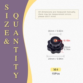 Swpeet 15Pcs M4 7 Star Through Hole Knob Female Thread Nut Clamping Knob Grip Assortment Kit, Star Shape Hand Knobs Black Plastic Screw-On Handle Clamping Knob for Mechanical Equipment (M4)