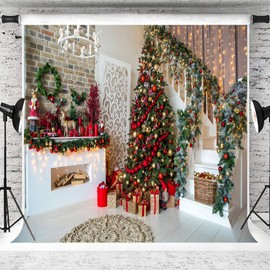 AIIKES 8x8FT Christmas Backdrops for Photography Fireplace Christmas Photography Background Indoors Xmas Tree Gift Holiday Party Decoration Christmas Photo Backdrops Studio Booth Props 11-752