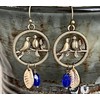 Bronze Bird, Golden Leaf and Cobalt Blue Teardrop Earrings Spring