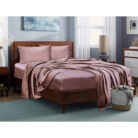 LINENWALAS 100% Tencel Bed Sheets Set 4PC- Softest Cooling Eucalyptus Sheets (King, Rose Gold)