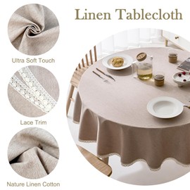 KUAOOAUK Round Tablecloth, 160cm Waterproof Table cloth, Linen Table Cover with Lace Trim for Kitchen Garden Cafe Dinning Party Banquet Wedding Holiday Farmhouse(Brown)