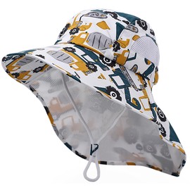 XYIYI Kids Yellow Excavator Sun Hat Flap Neck Protection Adjustable Chin Straps Sun Protection Hats for 3-8 Years Old Boys Girls