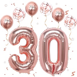 Number 30 balloons Rose Gold，30 Balloons Birthday Boy Girl,40Inch Foil Number 3 & 0 Balloons with 6 Rose Gold Metal and Confetti Helium Balloons for 30th Year Old Birthday Decorations