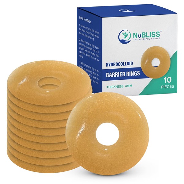 Premium Ostomy Barrier Rings by NuBliss - 10-Count Individually Packed Stoma Rings for Colostomy Patients - Ultra Flexible and Moldable Hydrocolloid Adhesive Barrier Rings - 2x2 Inches, 4mm Thick