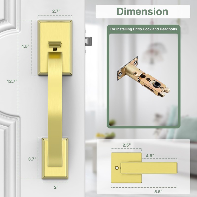 Floresita Front Door Handle Gold Adjustable, Heavy 12.7in Exterior Entry