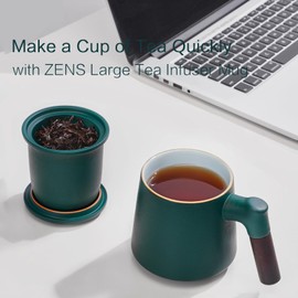 ZENS Tea Cup with Infuser and Lid, 11 oz Green Ceramic Steeper Mug for Loose Leaf Tea Lovers Gifts, Wood Handle Tea Strainers.