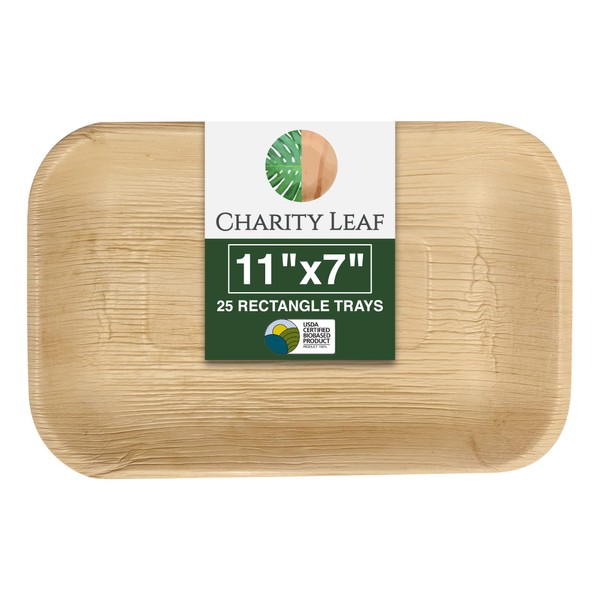 Charity Leaf Eco-Friendly Palm Leaf Trays - 11"x7" (25-Pack) | Bamboo-Style, Disposable Serving Platters | Perfect for Weddings & Events | Green & Compostable Dinnerware