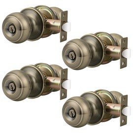 Probrico 4 Pack Entrance Door Knobs Exterior Door Lock with 3 Keys Keyed Alike Antique Brass Same Key Round Ball Entry Door Knobs