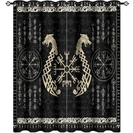 INSFBRB Norse Vikings Curtains - Abstract Dragon Retro Mystical Symbol Compass Window Treatment Room Darkening Blackout Curtains Thermal Insulated Grommet Curtains for Bedroom 2 Panels 45L x 21W