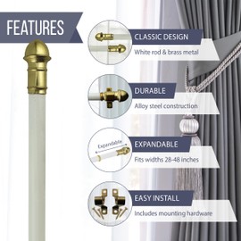 Amazing Drapery Hardware 7/16 Inch White Cafe Rods with Brass Ends, Set of 1 (Hardware Included) - Adjustable Length 28-48 Inches, Easy to Install Metal Rods for Doors, Windows, and Sidelights