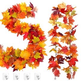 Pack of 2 Artificial Autumn Garland with Maple Leaves, 176 cm - Vine Leaves & Artificial Leaves Garland for Autumn Decoration, Wedding, Party, Thanksgiving, Christmas, Indoor and Outdoor, with