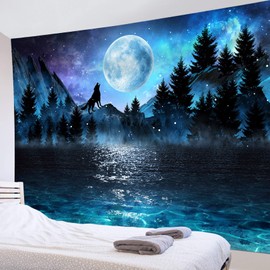 LB Large Blue Moon Over Ocean Tapestry Wall Hanging, Galaxy Wolf on Mountain Wall Tapestry, 3D Fantasy Watercolor Night Sky Forest Wall Art for Bedroom Living Room Dorm Home Decor, 80 x 60 Inches