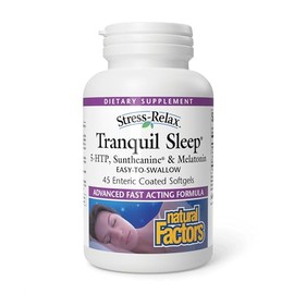 Estrés-Relax sueño tranquilo por factores naturales, ayuda para dormir con Suntheanine L-teanina, 5-HTP, melatonina, 45 cápsulas blandas