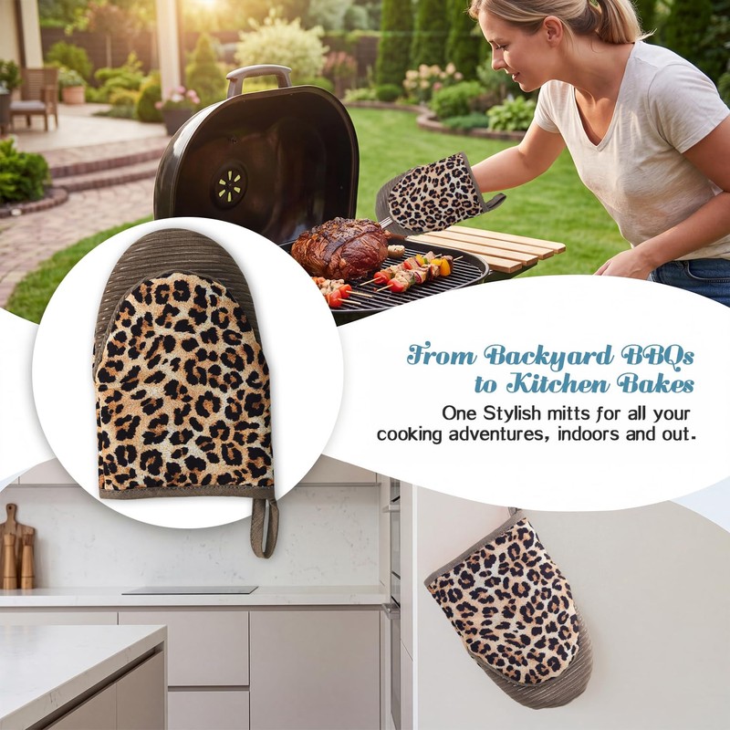 Ribbed Mini Oven Mitts 2-Pack Set, 5.5"x8.5", Leopard Printed, Heavy