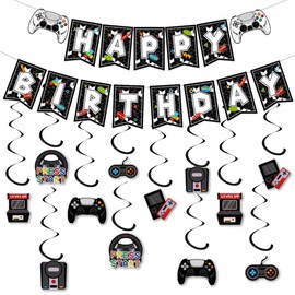 Black Video Gaming Party Decorations - Happy Birthday Banner Bunting Garland Decor for Boys Kids, Video Game Themed Hanging Swirls Parties Supplies for Children Adult