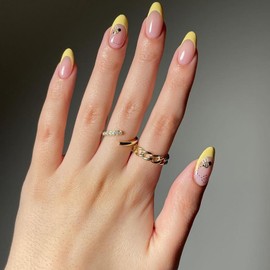 24 Pcs Yellow French Tip Press on Nails Almond Summer Little Bee Fake Nails Glue on Nails Medium Acrylic False Nails with Designs Glossy Cute Artificial Nails Glossy Stick on Nails for Women Girls