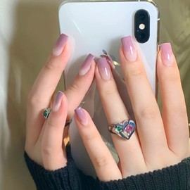 AKOFIC 24Pcs Short False Nails Coffin, French Ballerina Acrylic Press on Nails Designs, Purple Gradient Full Cover Stick on Nails, Fake Nails with Jelly Glue for Women Girls Nail Art