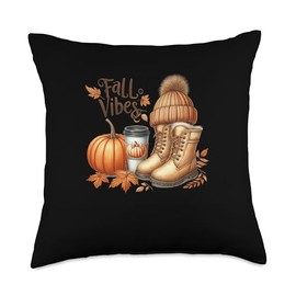 Beanie Boots Pumpkin Coffee Fall Vibes Autumn Thanksgiving Throw Pillow