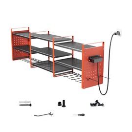 Kweetle Heavy-Duty 48" Wall Mount Power Tool Organizer with Charging Station – 3-Tier Garage Organization Rack for Drills, Wrenches & Tools – Includes 16 Hooks & Pegboard Sides