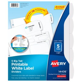 Avery Big Tab Printable White Label Dividers with Easy Peel, 5 Tabs, 1 Set (14436)