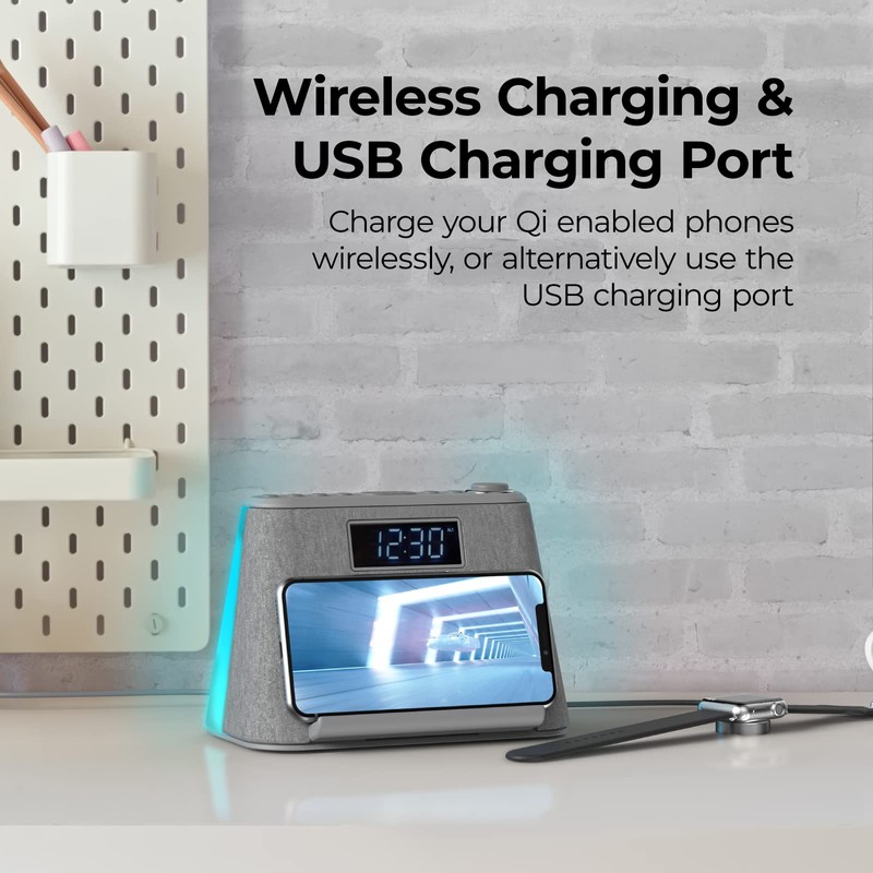 i-box Alarm Clocks Bedside, Alarm Clock with Wireless Charging, Bluetooth