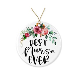 JenaGifts Best Nurse Ever Ornament Gift - for Nurse Coworker Idea for Nurse Gift Ceramic Holiday Decoration Present Porcelain 3 Flat with Gold Ribbon Both Sides, White