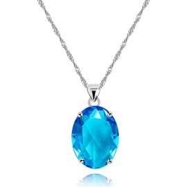 Uloveido Platinum Plated Blue Cubic Zirconia Solitaire Oval Pendant Necklace Birthstone Wedding Party Jewelry for Women Girls (Blue)