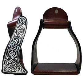 Majestic Ally Western Horse Aluminum Black Engraved Stirrups- Adults (Silver Black Twisted)