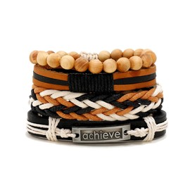 Dmaiy Leather Boho Bracelets Braided Beaded Bracelet Hemp Rope Stackable Bracelets for Men Teenage and Women (4 layered black)