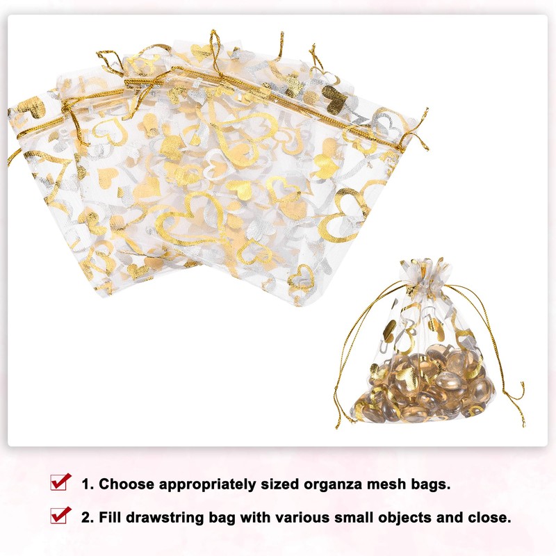 QUARKZMAN 50 Stück Organzasäckchen, 9x12cm Geschenksäckchen Schmuckbeutel Herz-Muster Mesh Säckchen