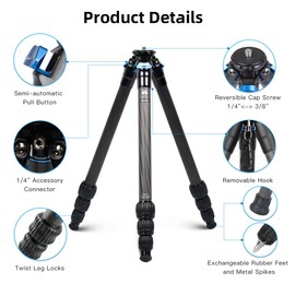 SIRUI 47.2" Carbon Fiber Tripod, Lightweight Compact Camera Tripod for Travel, 4-Section Legs, Twist Locks, Detachable Steel Spikes, Loads up to 26.5lbs/12kg