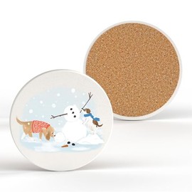 Global Designs BUILDING A SNOWMAN DOG THEMED CERAMIC CIRCLE COASTER CHRISTMAS DECOR
