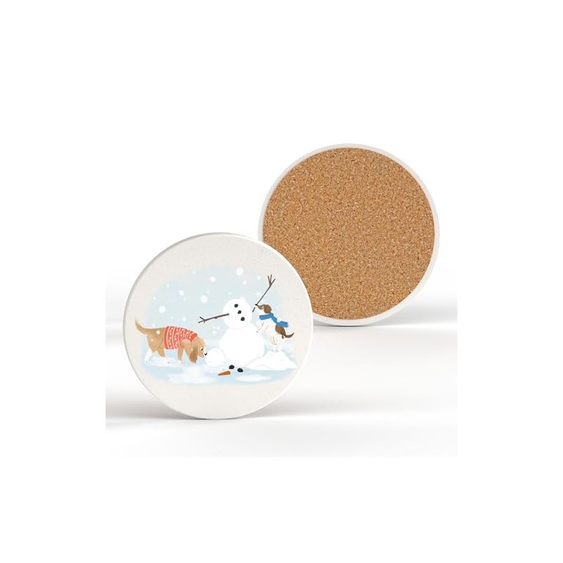 Global Designs BUILDING A SNOWMAN DOG THEMED CERAMIC CIRCLE COASTER