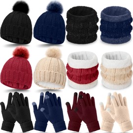 12 Pcs Winter Beanie Hat Scarf Touchscreen Gloves Set Fleece Lined Knit Beanie Hat Neck Warmer Scarf for Men Women (Black,Blue,Pink,Beige)
