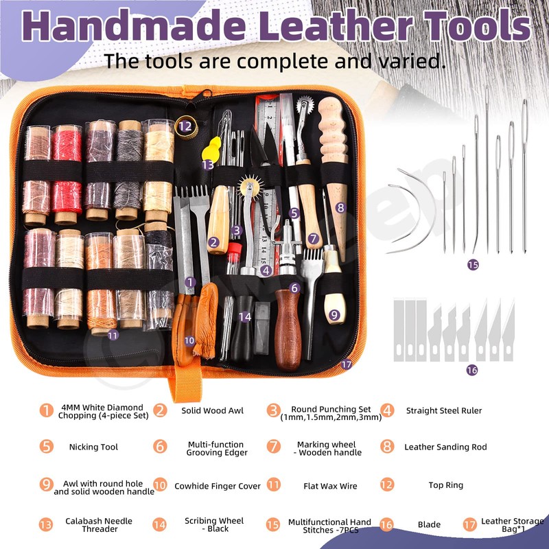 Swpeet 46Pcs Leather Kit, Leather Working Tools and Supplies, Leather